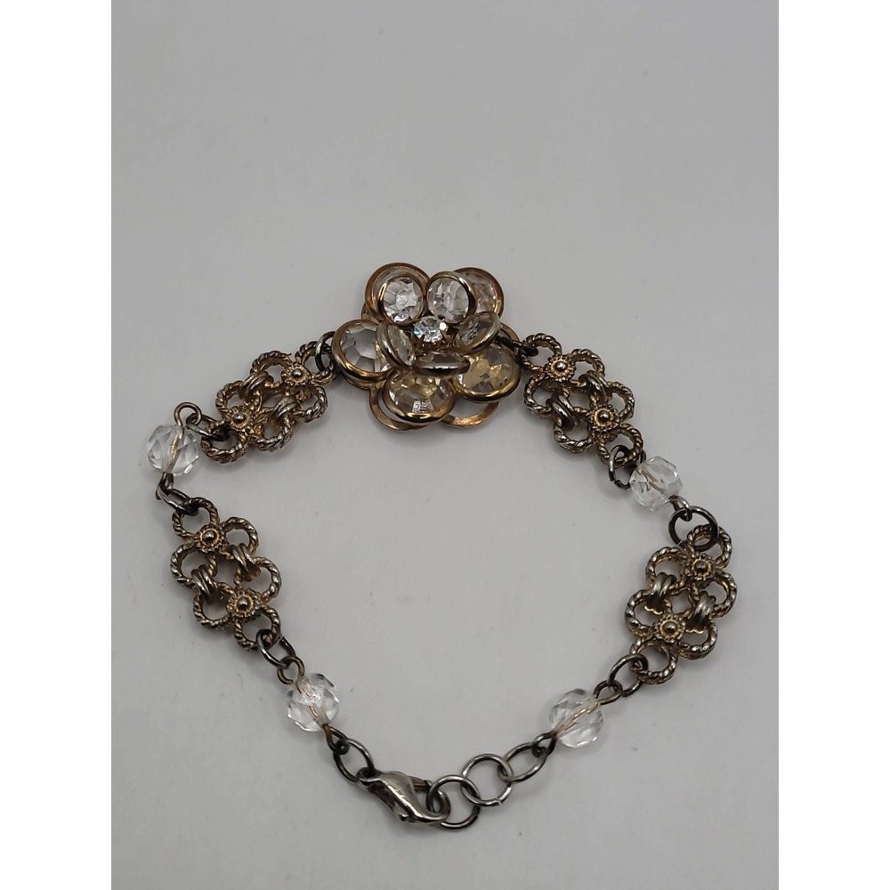 Gold Tone Floral Flower Bracelet Clear Rhinestone Crystal Beaded Filagree